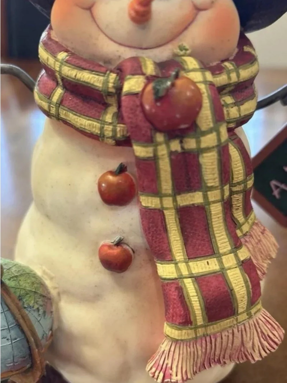 Handcrafted Cream Snowman Figurine with Red Plaid Scarf and Chalkboard Sign